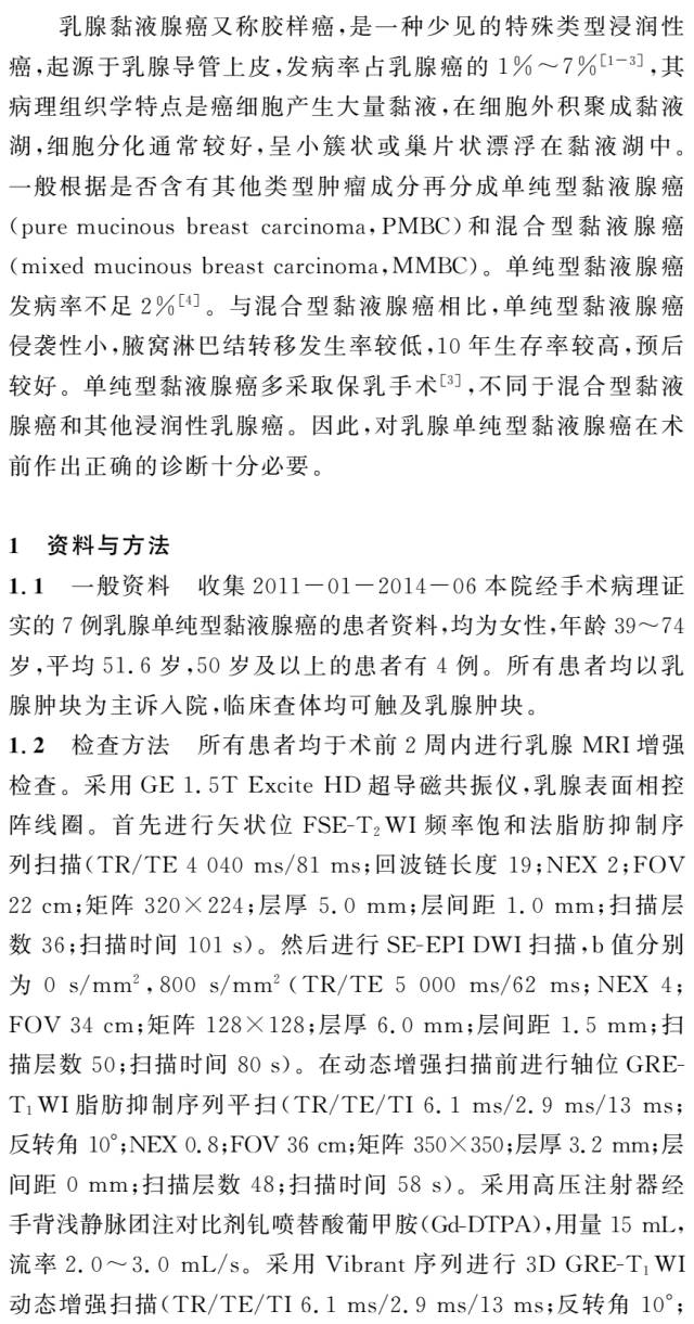 乳腺单纯型黏液腺癌的MRI表现