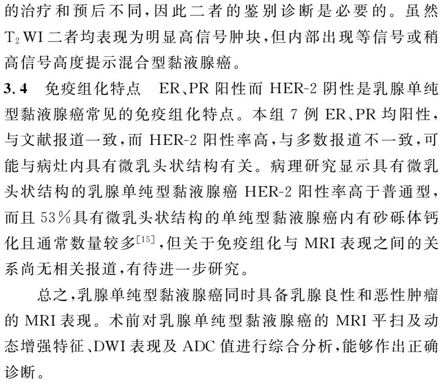 乳腺单纯型黏液腺癌的MRI表现